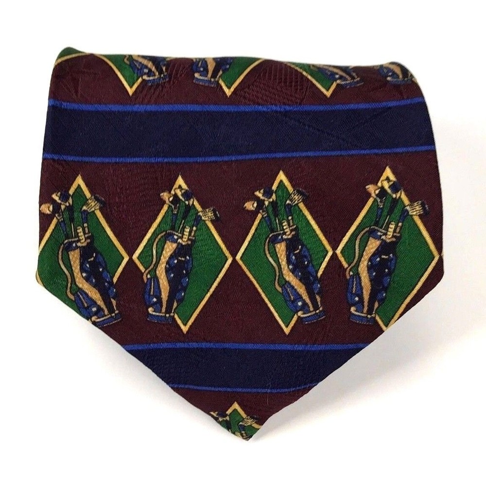 Tommy Hilfiger Men's 100% Silk Geometric Striped Golf Club Bag Novelty Necktie